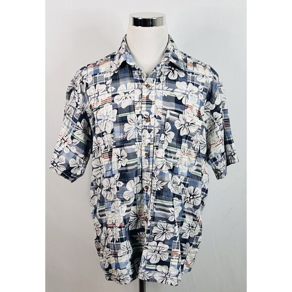 Orvis XL Hawaiian Shirt Patchwork Plaid Floral Print Blue White Short Sleeve - Picture 2 of 4